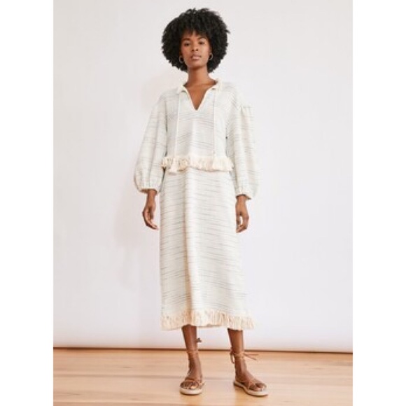 NWT Something Navy Piper Fringe Dress Boho Tasseled Knitted Midi Cream Sz Large - Picture 2 of 11